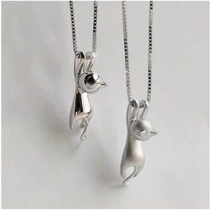 Clinging To Heart Cat Silver Necklace in Brilliant or Subtle Silver